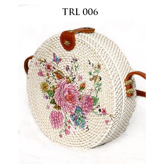 Sweet Honey ~Grosir Tas Rotan Murah Bali Lukis Motif Bunga TRL006 Diameter 20cm [Bisa COD / bayar di tempat