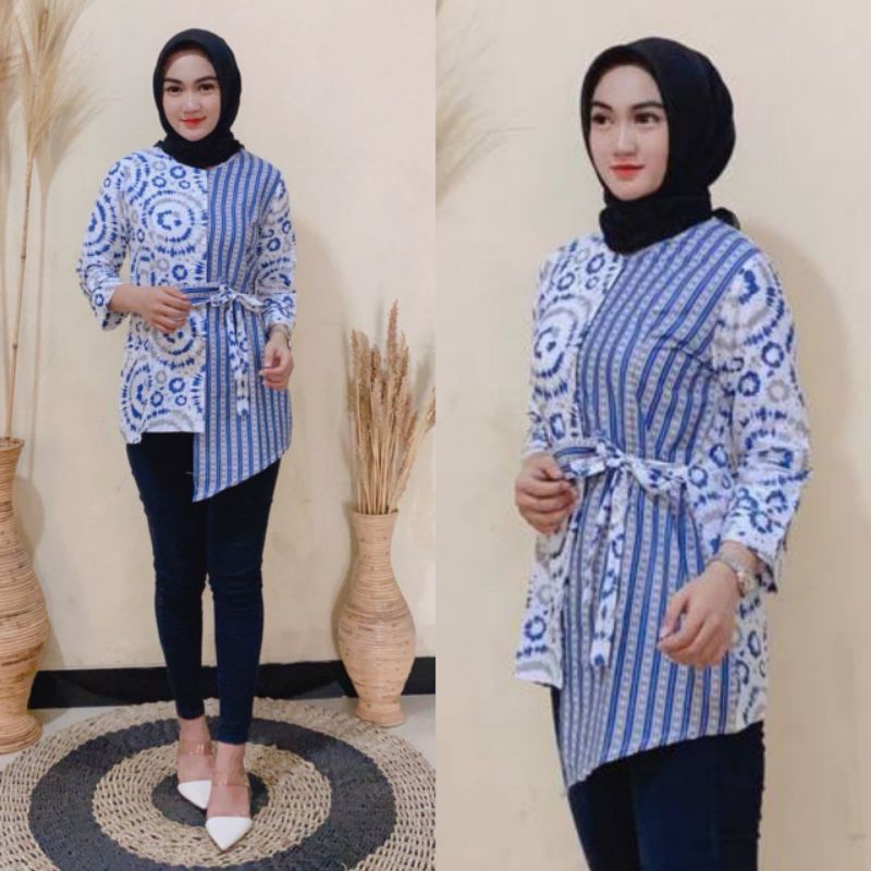 tey-17 Batik wanita ASJ SA HRB026 Kenongo Kemeja Tosca Pendek-Sibori biru