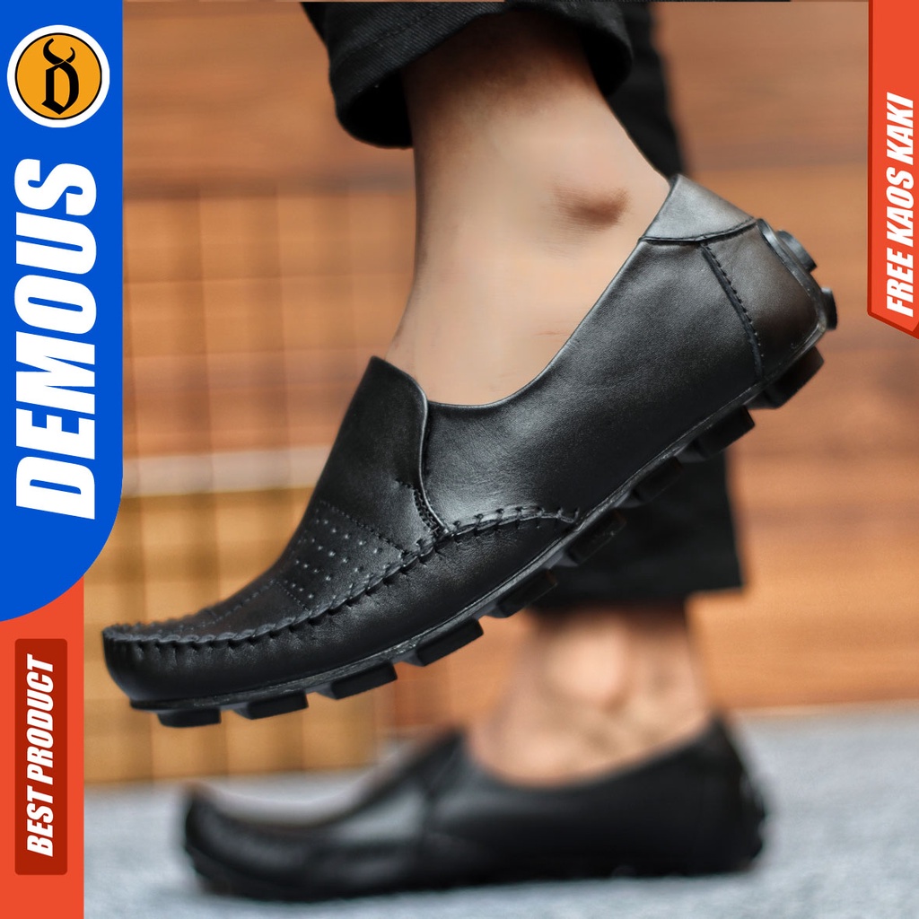 Sepatu Slip On Pria Sepatu Casual Pria Kulit Asli Kerja Kantor Kuliah Kondangan Sepatu Slop Pria Sepatu Hitam Pria DEMOUS GRECKO