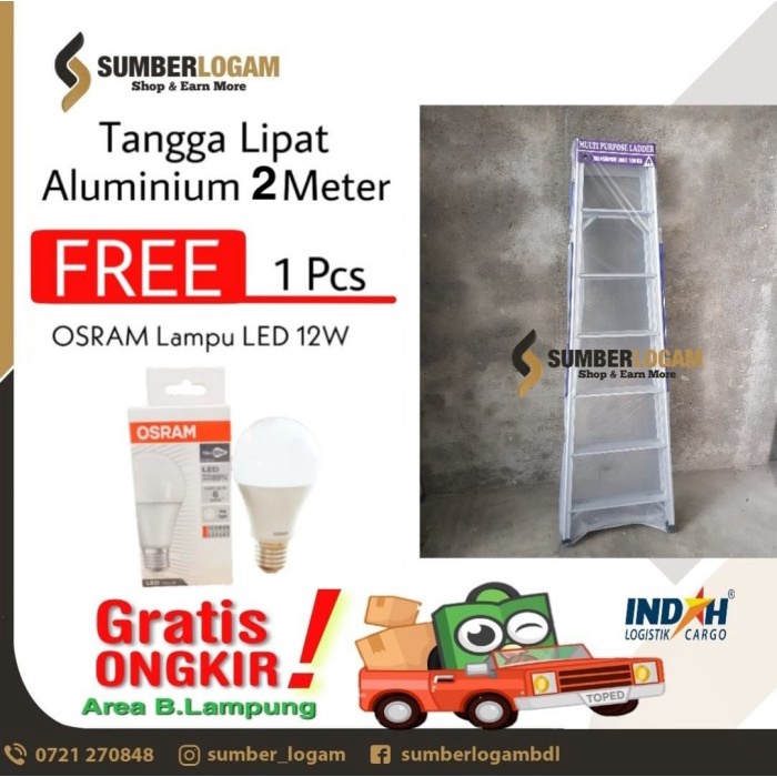 {ipitstore} Tangga Lipat Aluminium 2 Meter BONUS OSRAM Lampu LED 12W Murah