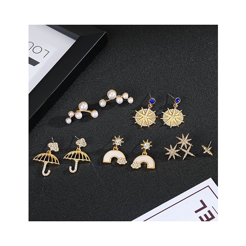 LRC Anting Tusuk Fashion Pearl Rainbow Umbrella Diamond