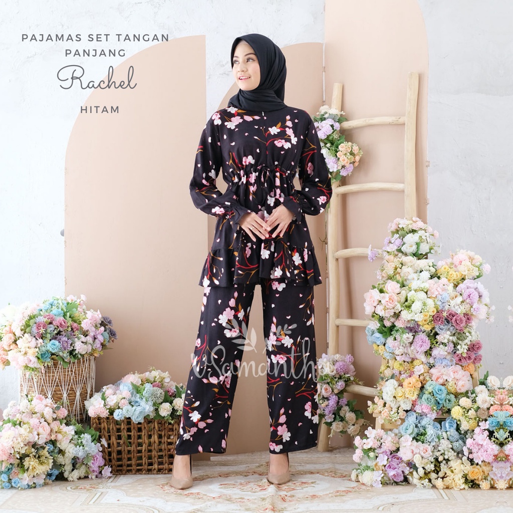 vSamantha - Pajamas Set / Piyama Set Muslim Rayon Rempel Busui Friendly - Tangan Panjang-Rachel Hitam