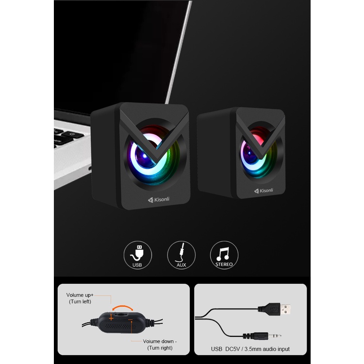 KISONLI Gaming Speaker Komputer/Laptop L-1040 LED RGB Light With Switch Volume Control - Putih-6
