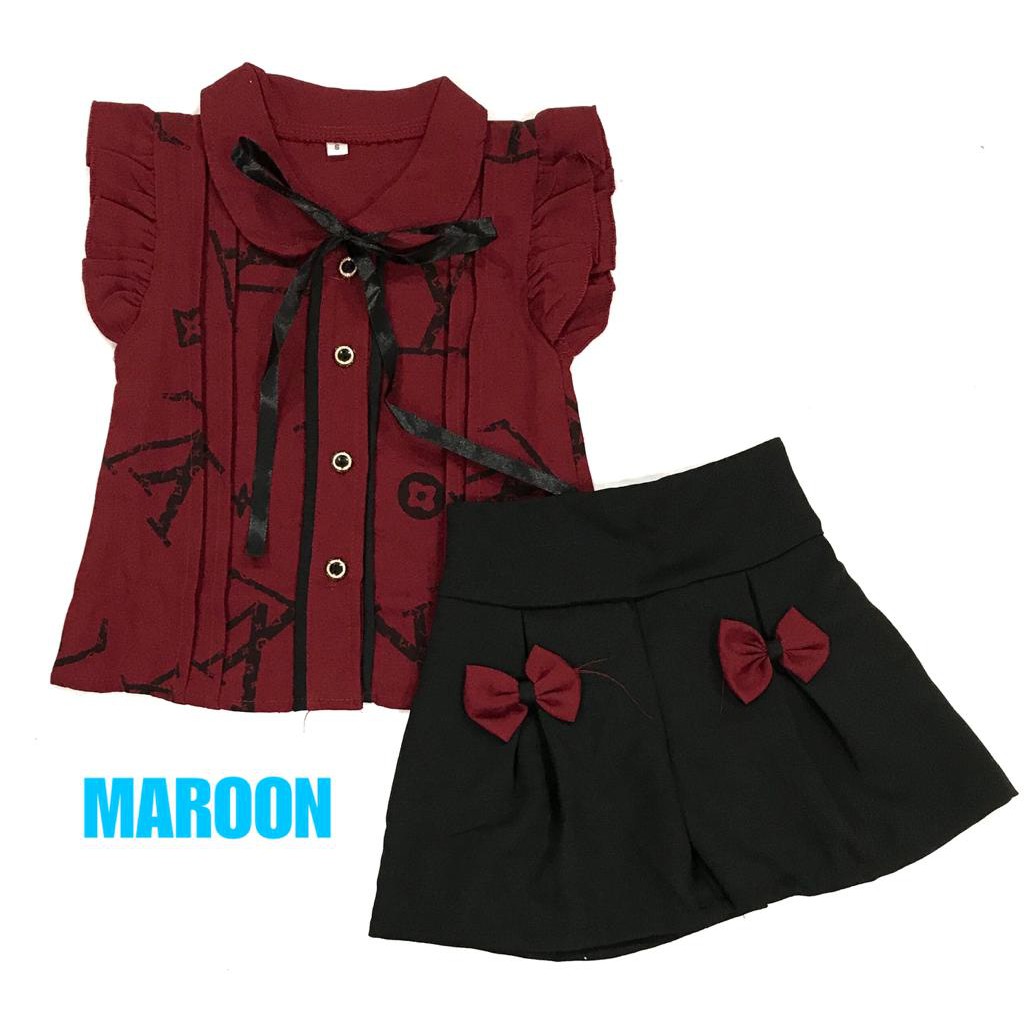 (1 KG MUAT 10 STEL) BAJU FASHION ANAK PEREMPUAN SETELAN ATASAN CELANA PENDEK KERAH ELVI-ELVI-MAROON