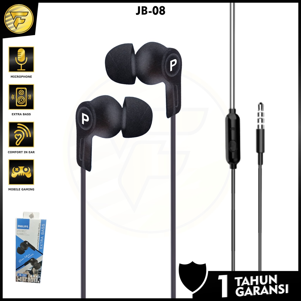 Earphone PHILIPS J08 stereo bass music telfon headset mic