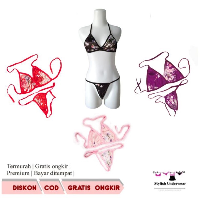 IP59 Set Setelan BH BRA dan G- string bunga bikini gstring cd celana dalam wanita