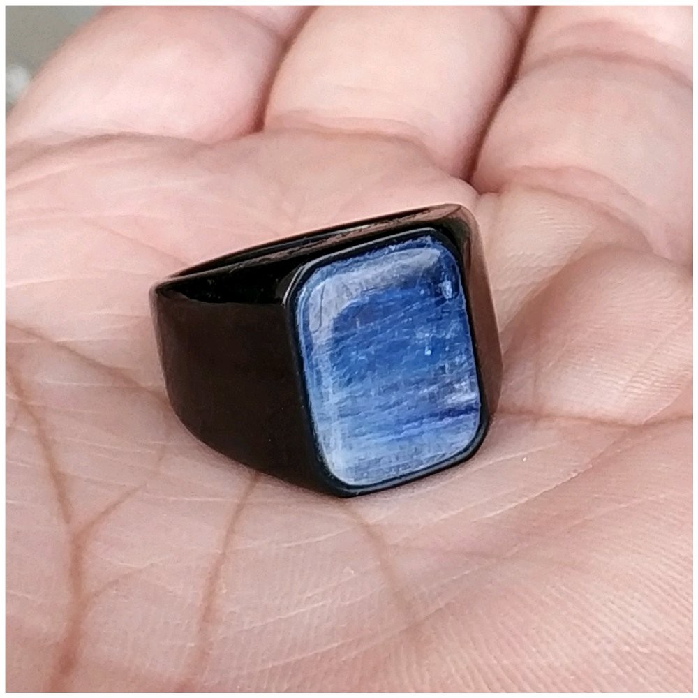 CINCIN BATU PERMATA NATURAL BLUE SAFIR KYANITE MINIMALIS SQUARE TITANIUM HITAM