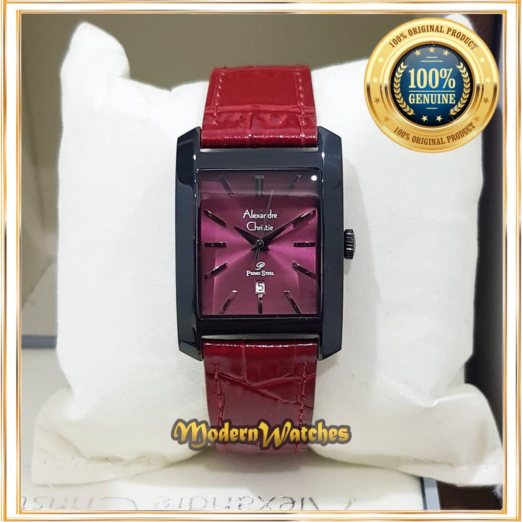 Jam Tangan Wanita Pria Terbaru Alexandre Christie AC 1022 Red Maroon Black Hitam Merah Tali Kulit