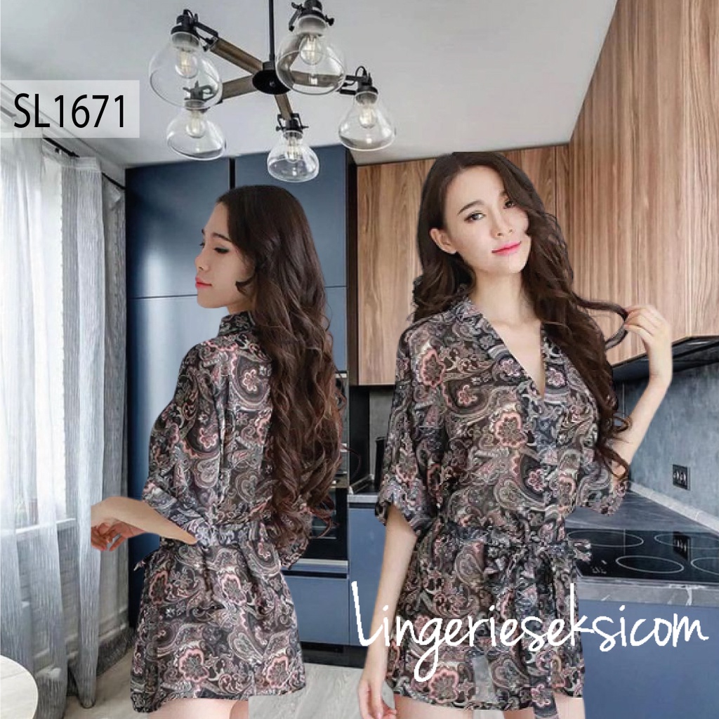 Baju tidur sleepwear kimono 1671 batik bunga flower lingerie sexy gstring baju tidur Bahan sifon BLI
