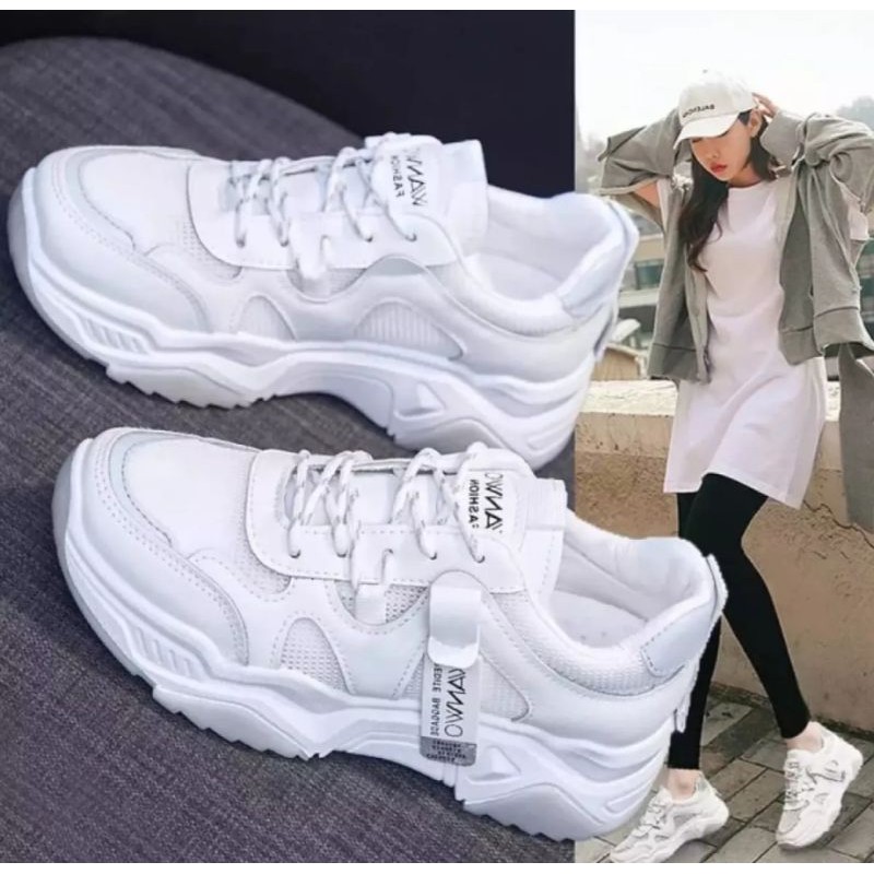 SEPATU WANITA SNEAKER WANWO PUTIH ABU FASHION  CASUAL SPORT 1717