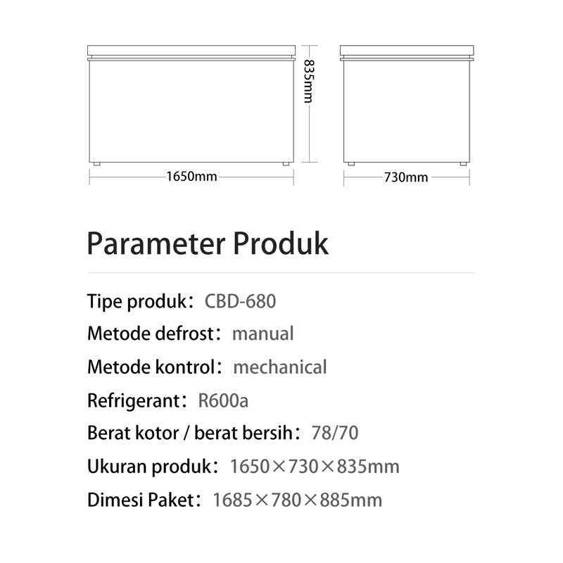 Changhong Chest Freezer CBD680 Kapasitas 600 Liter  (Fast Freezing) (Design Look Minimalis) ( Big Capacity) (Voltase Yang Stabil) (Perlindungan Tanpa Listrik) (Perlindungan Tanpa Listrik) (Hemat Listrik/Low Watt) (Voltase Yang Stabil)