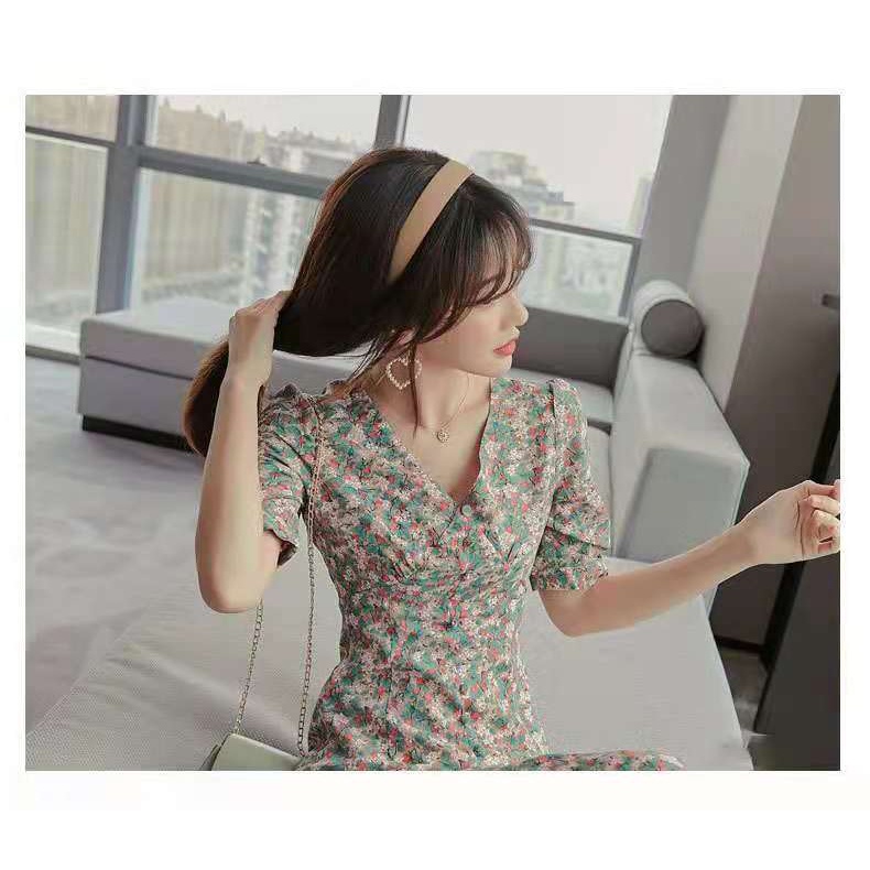 [REAL VIDEO] Dress Korea V-Neck Fishtail || Dress Bangkok Motif Bunga-bunga Hijau