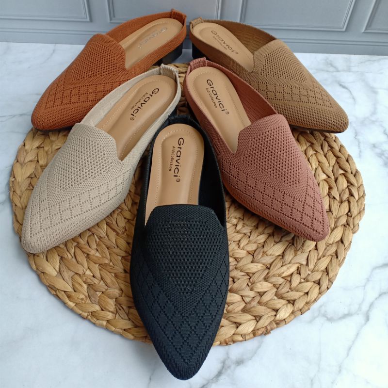 GRAVICI - Sepatu Slip On Mules Wanita Bahan Rajut Import SP 07