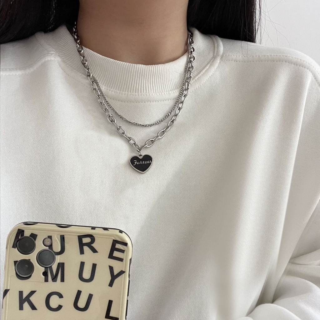 Kalung Rantai Ganda Liontin Hati Bahan Alloy Warna Silver Gaya Korea Untuk Wanita