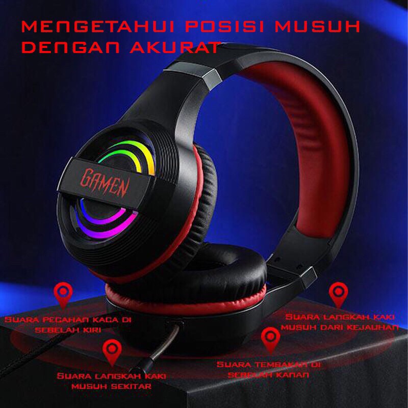 GAMEN GH1100 PRO Gaming Headset With 7 LED Color Breathing Lighting Effect Black garansi