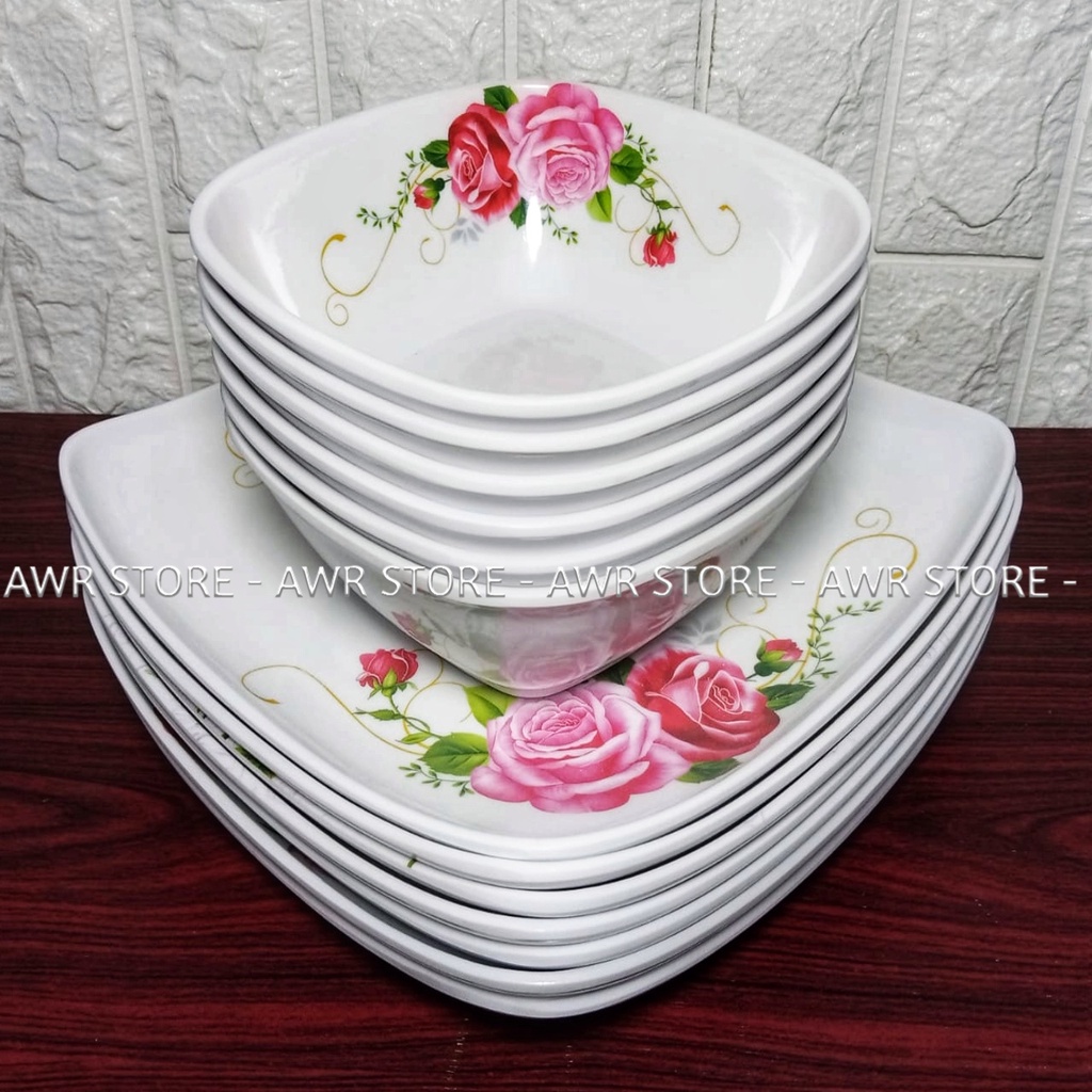 1 SET ISI (6PCS) PERALATAN MAKAN ISI 3PIRING PERSEGI 3MANGKUK MELAMIN ASLI SINGA SINGI TEBAL TAHAN LAMA DIAMETER PIRING 23CM UKURAN MANGKUK M - PIRING SAJI SEBAGUNA - PIRING HIAS-KEMBANG ROSE