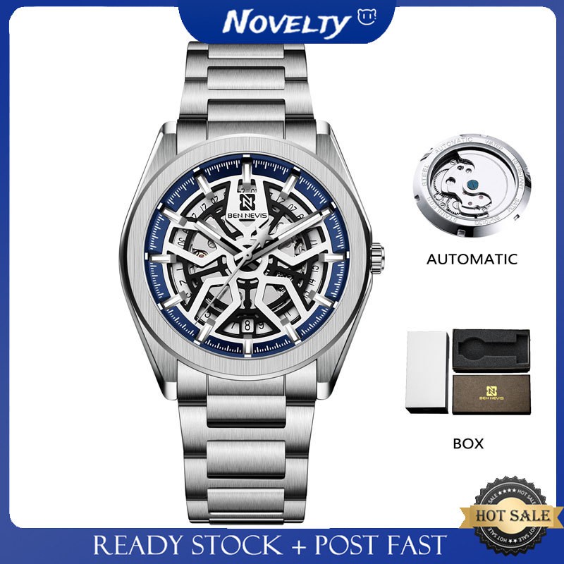 ✲BEN NEVIS Jam Tangan Pria Otomatis Berongga Tiga Jarum Jam Tangan Fashion Tahan Air untuk Pria