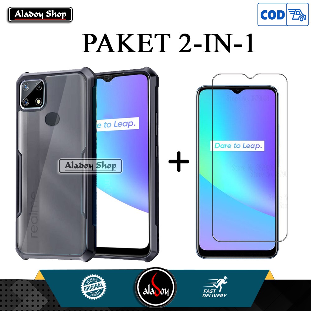 Case Realme C25 2021 Shockproof Transparent Casing + Tempered Glass Anti Gores Kaca Layar Clear