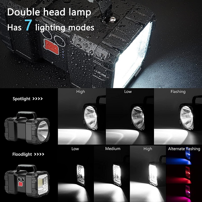 Senter LED Double Head Rechargeable Lampu Darurat Waterproof IP65 3 Mode Lighting Super Terang