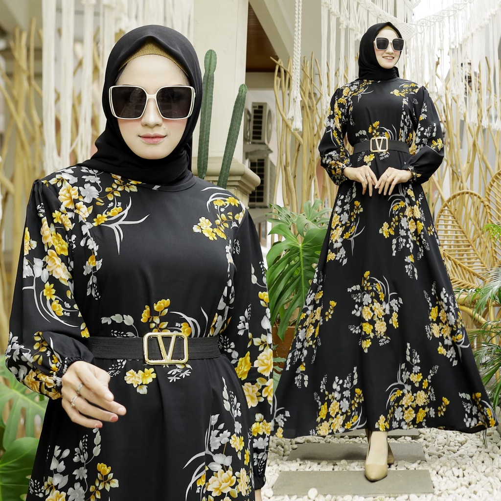 HOPYLOVY - Gamis Wanita Maxi Dress welia flower FREE Belt V