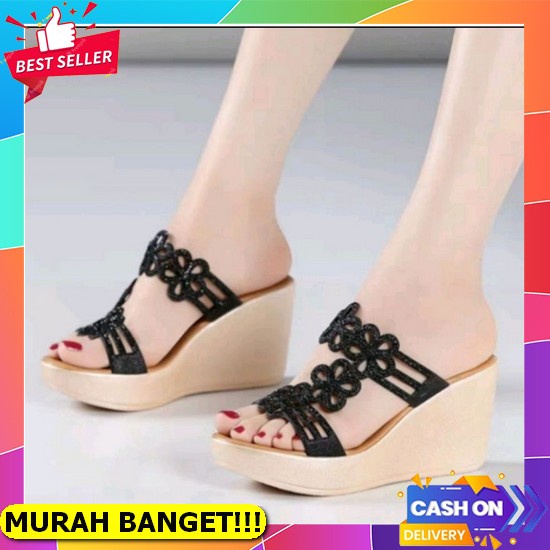 Sandal Fipper Wedges S Black Hak 5Cm Wanita Original Abbushoes Ph 18 Wedges Laser Sol Karet Febby 7C