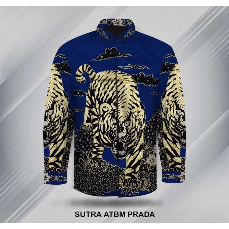 kain batik tulis pria prada motif harimau warna biru dan pink bahan sutera. ul