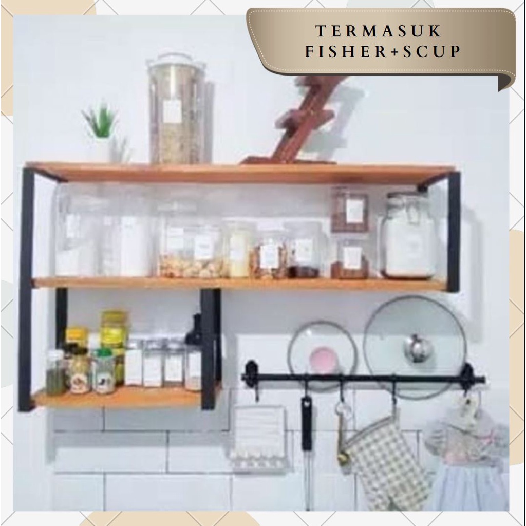 PROMO KITCHEN SET MINIMALIS / Rak Bumbu Dapur lebar 3 susun Serbaguna / Kayu besi Minimalis gantung dinding / rak kitchen set / rak dinding serbaguna / rak bumbu