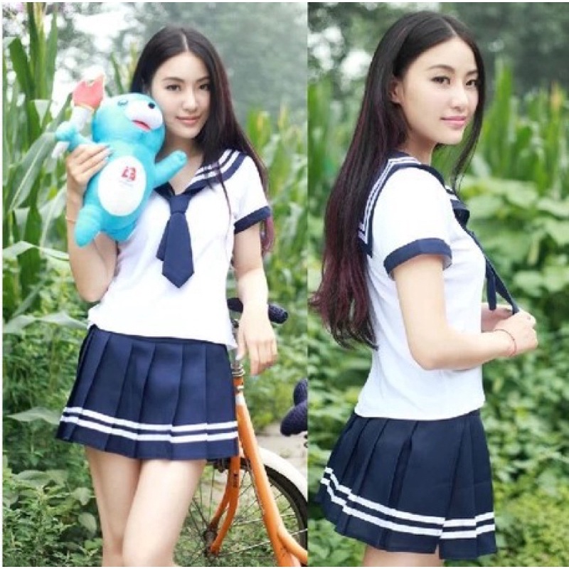 Yuki Set Student Uniform Setelan Baju + Rok Mini Rempel + Dasi Garis-Garis Serafuku Japanese Style S
