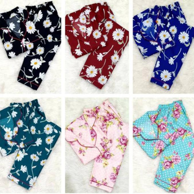 Baju Tidur Cewek/Wanita Piyama/Pajama Katun Micro Motif Sunflower (CP) - Hitam