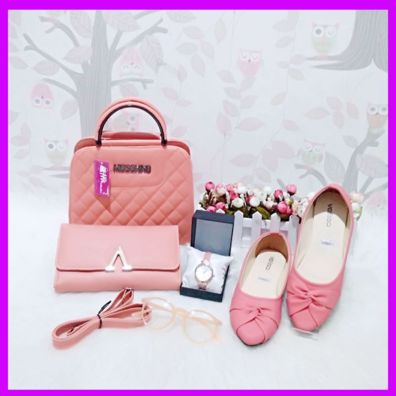 Tas paket 5in1 moschino kombi flat shoes tas paket seserahan hantaran lamaran pernikahan wanita