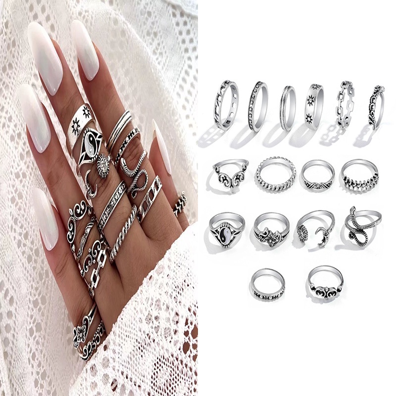 16 Pcs Kreatif Retro Yin Yang Gosip Sun Moon Daun Ular Bunga Bersama Cincin Perak Set