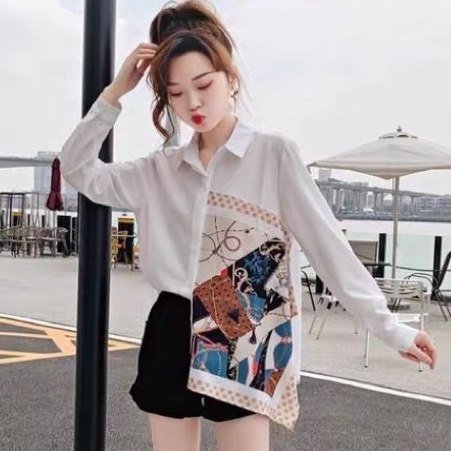 KEMEJA WANITA ASIMETRIS PRINT SATIN PREMIUM BATIK ABSTRAK