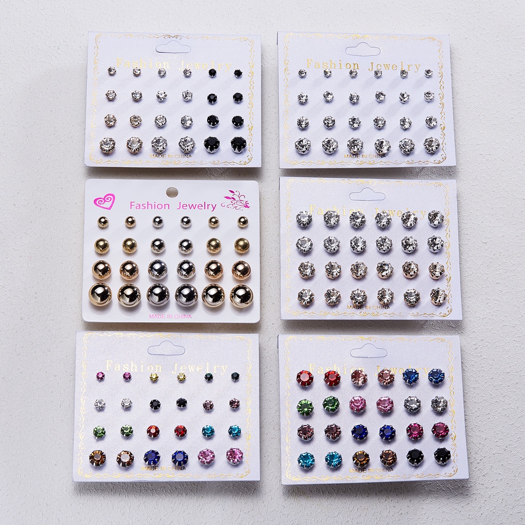 12pair/set Korean Fashion Imitation Zircon Earrings Pearl Diamond Ear Studs Factory Wholesale