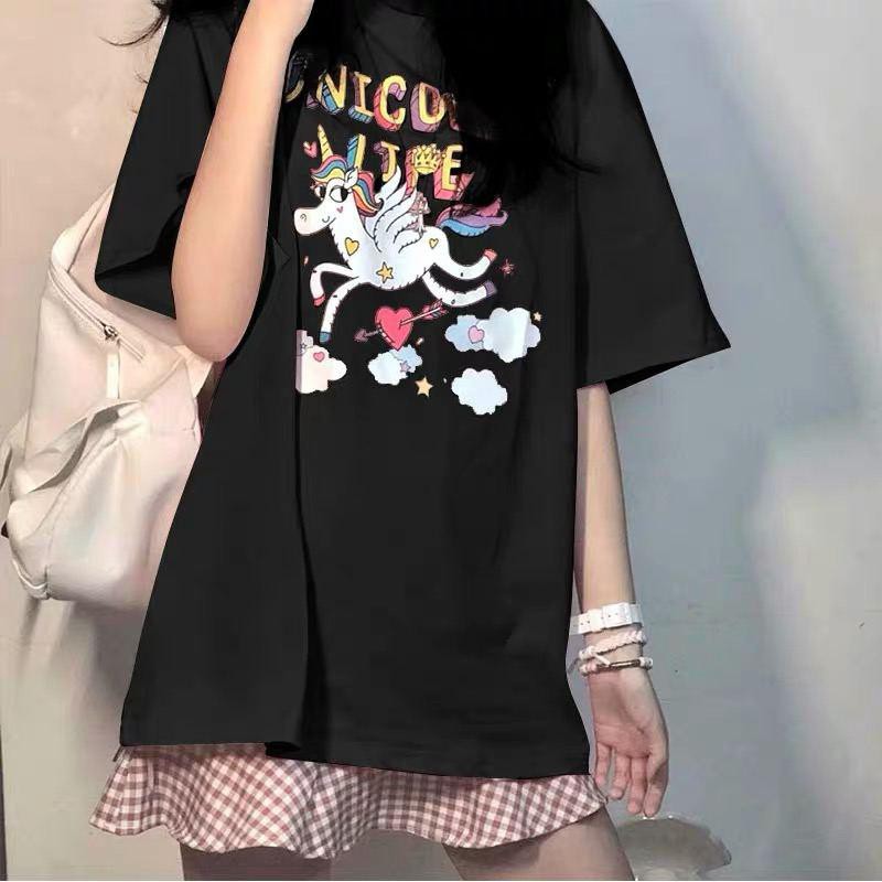 Oversize Tee Tshirt Model Longgar Utk Wanita Motif Unicorn Life