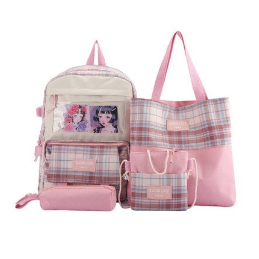 Tas Ransel Set 4 IN 1 Ransel Kontras Warna Kisi Wanita Lucu Tas Sekolah untuk Remaja Perempuan Ransel Sekolah Kapasitas Tinggi muat laptop