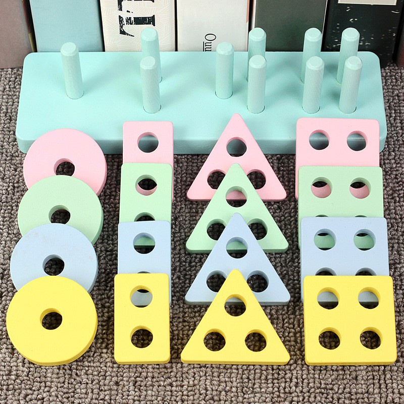 Montessori 3D Puzzle Stacking Warna Wooden Toy Matching Shape Mainan Mainan Anak 2 Tahun Puzzle Kayu