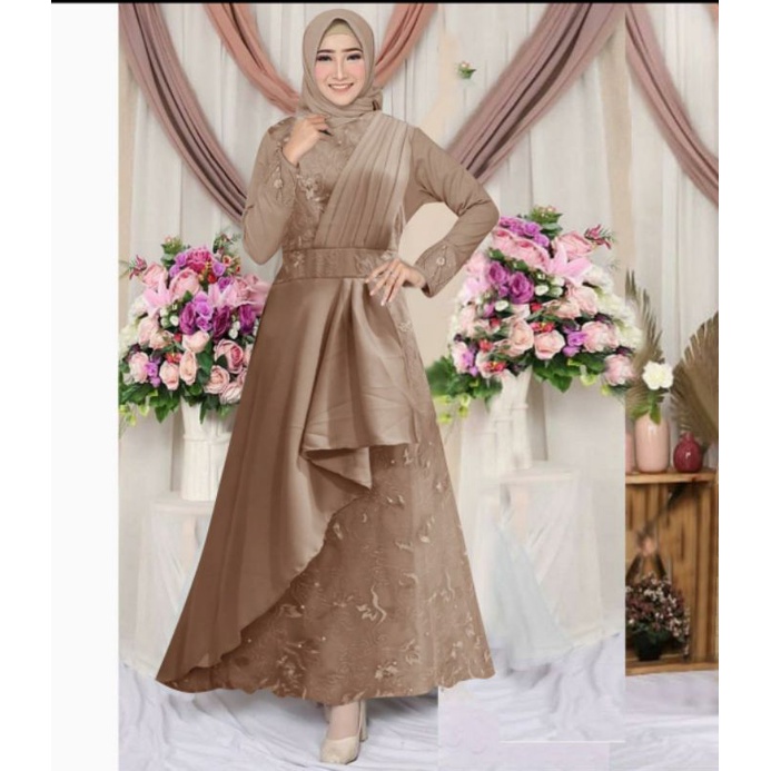 Gamis Maxi REYNA /Gamis Remaja dan Dewasa Bahan Moscrepe Kombinasi Brukat  Tile (non hijab)