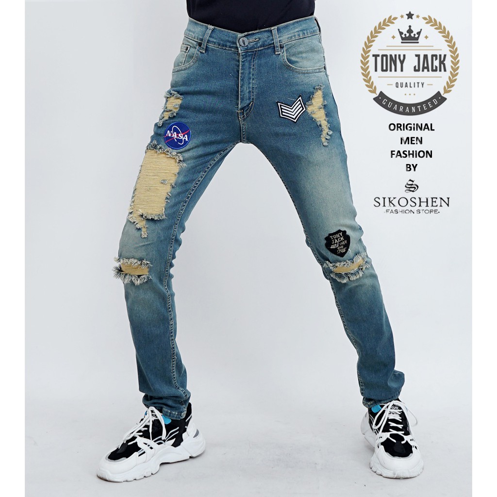 Celana Jeans Pria Sobek Medium Blue Original TONY JACK Model Slimfit Celana Jeans Pria Distro