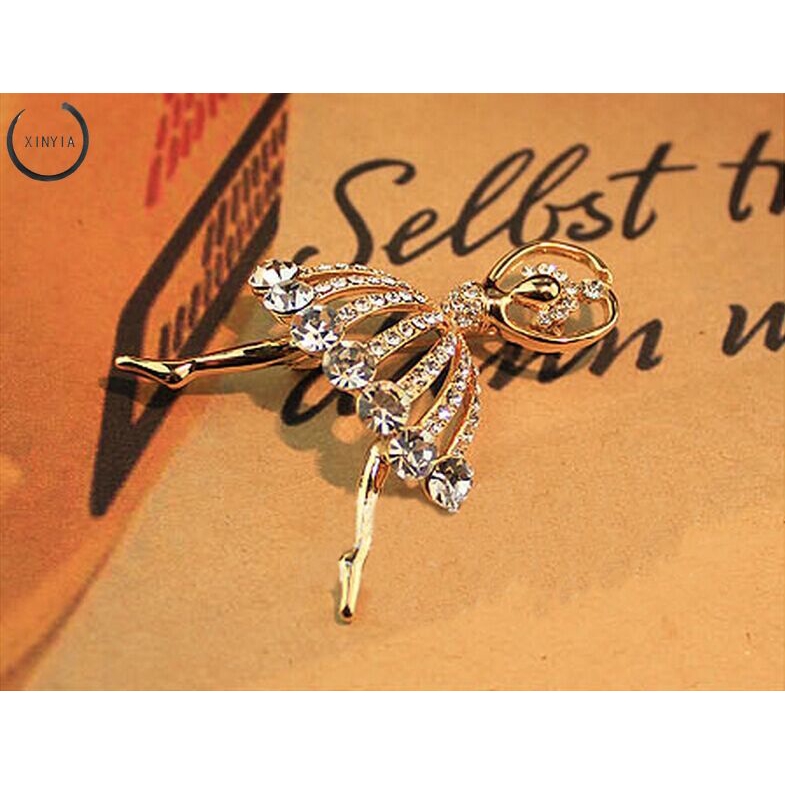 Bros Pin Bentuk Balerina Bahan Metal Hias Kristal untuk Wanita-2