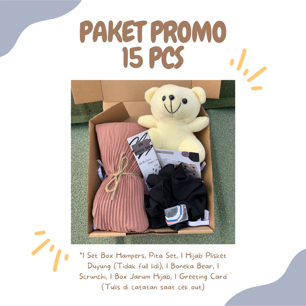 PROMO TERMURAH!!! Kado hampers cewek hijab bella square, hijab pashmina plisket, kado ulang tahun akdo wisuda kado pernikahan hadiah gift souvenir