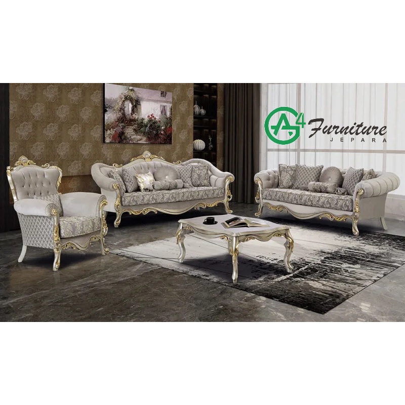 Sofa Ruang Tamu Mewah Klasik Poyraz Rangka Kayu Mahoni