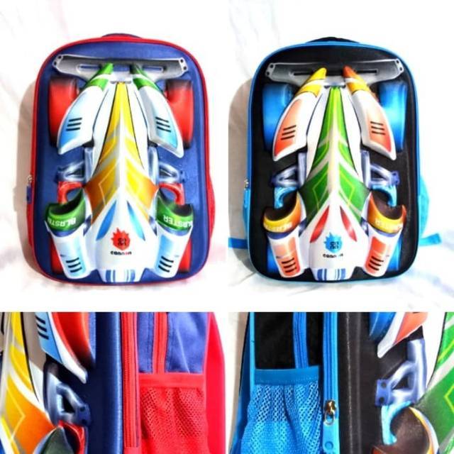 tas ransel anak lucu unik 4D karakter mobil balap formula - Cannon untuk usia sekolah TK s/d SD