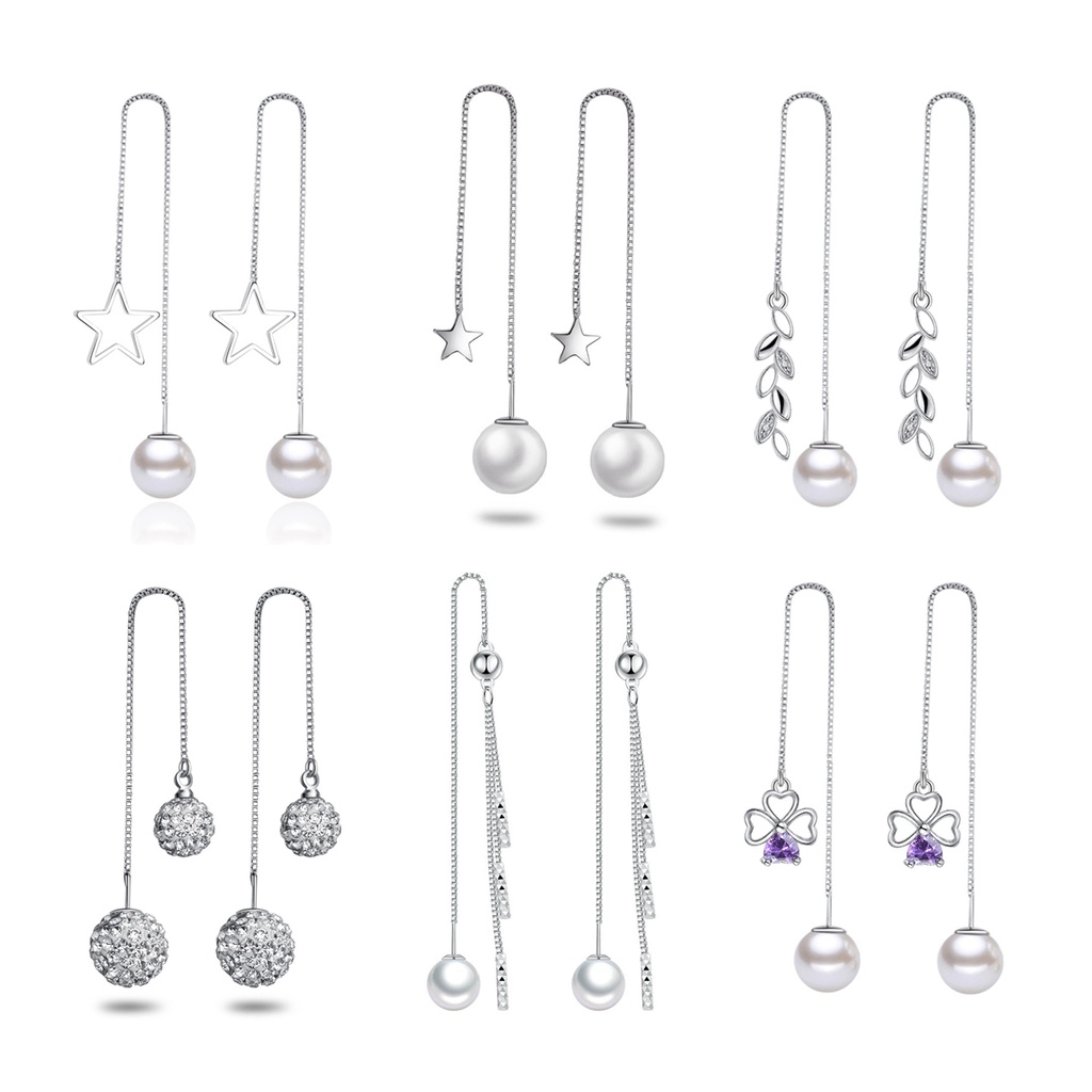 925 Perak Anting-Anting Panjang Wanita Pearl Lima Menunjuk Bintang Beruntung Daun Rumput Rumbai Ornamen