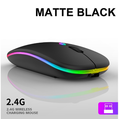 Bluetooth 5.1 + 2.4G Silent Wireless Mouse Rechargeable 1600 DPI RGB LED Backlit Isi Ulang Mouse Gaming-2.4G RGB - Hitam