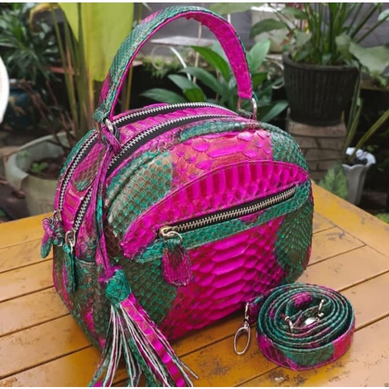 tas tenteng oval kulit ular asli uk. 21cm