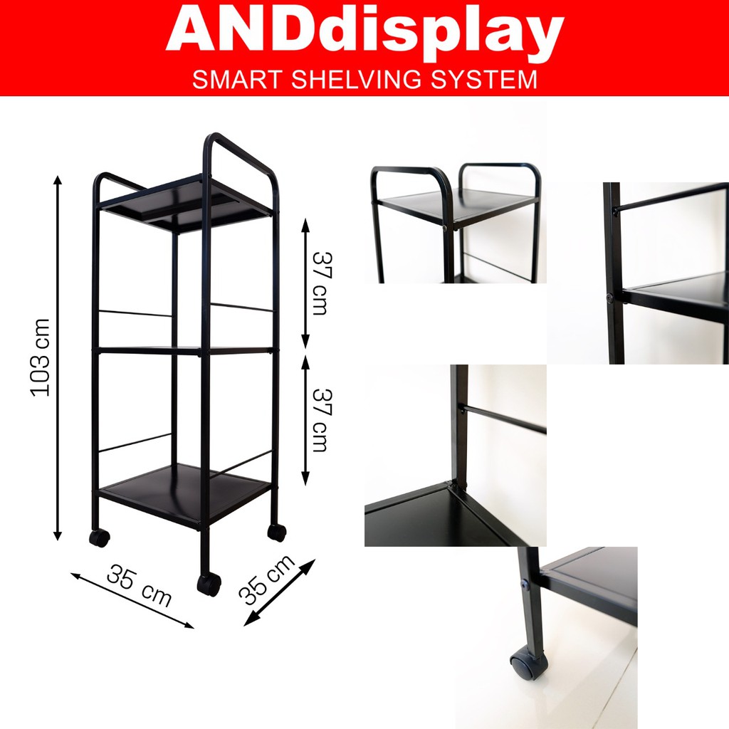 RAK ELLY 3 SUSUN HITAM PLUS RODA RAK PENYIMPANAN DISPENSER MAGIC COM SERBAGUNA ANDDISPLAY