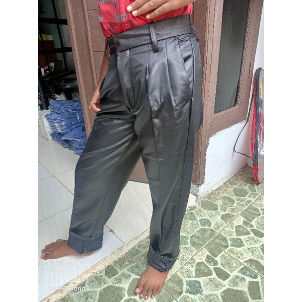 Celana Bahan Formal Anak Laki Mengkilap Dasar Metalik Slim fit  Panjang Tanggung Celana Pesta Anak