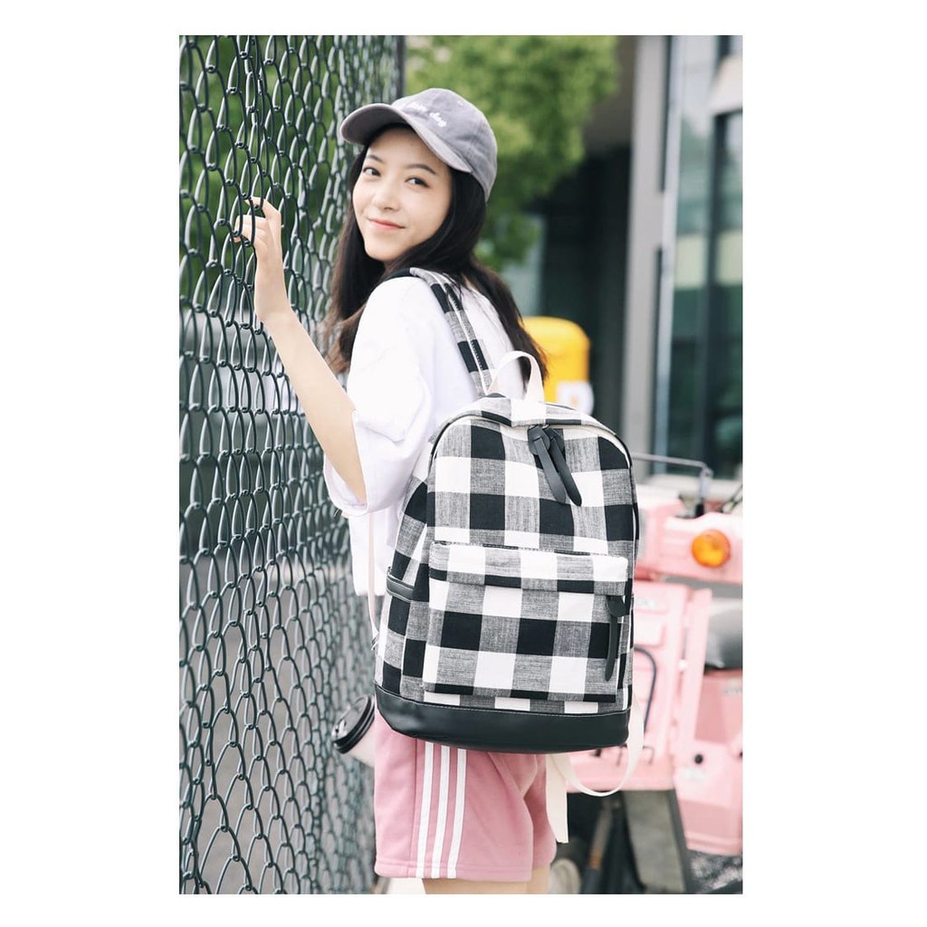 [COD] Tas Ransel Backpack Motif Kotak Sekolah Perempuan Korean Style Kekinian Murah