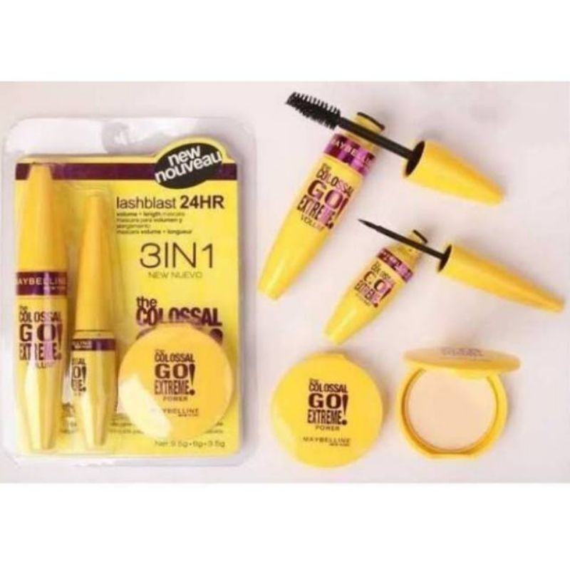 Paket Maybelline Colossal Kuning 3in1 Maskara Eyeliner Bedak Padat