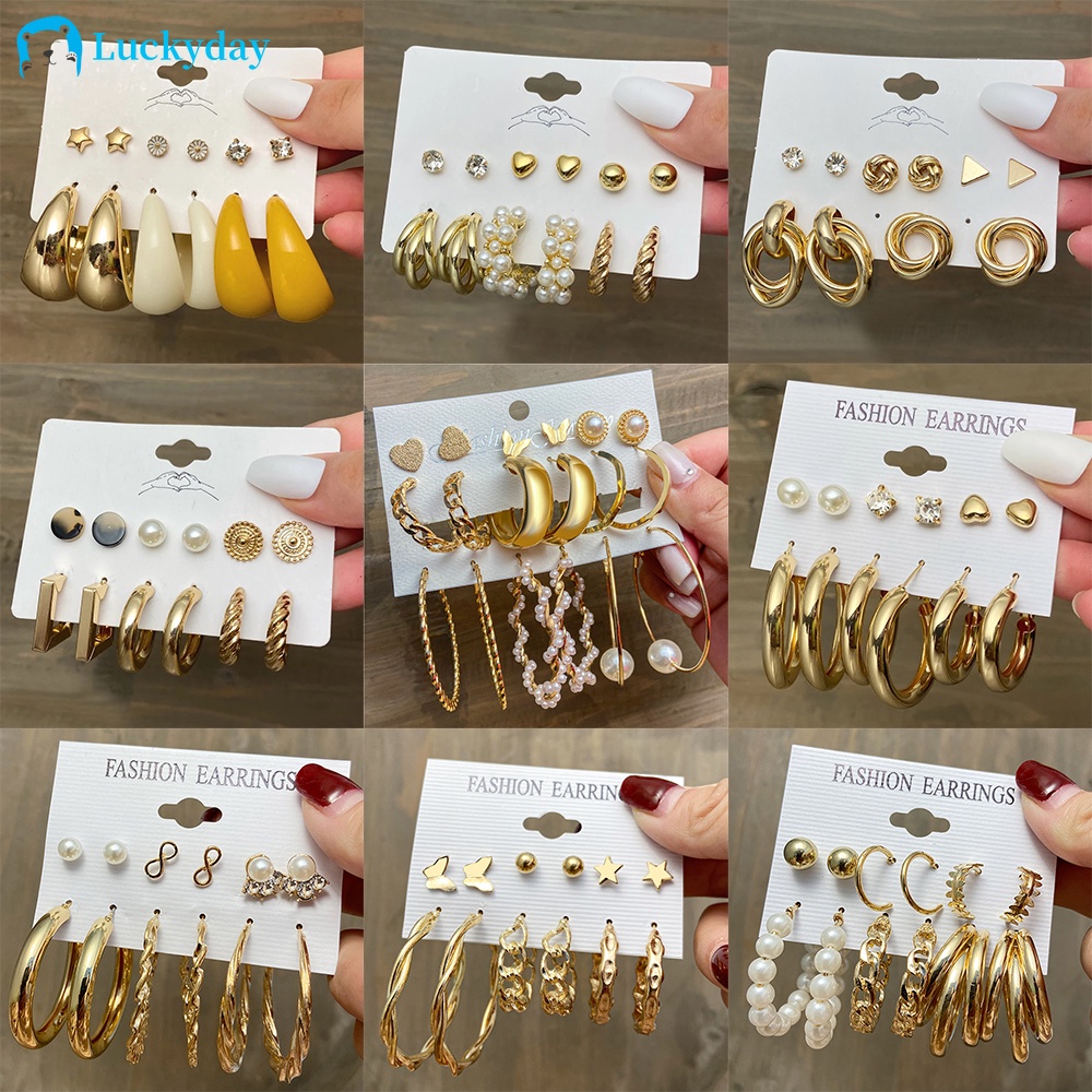 YEEZII Korean Pearl Stud Earring Set Fashion Butterfly Diamond Gold Hoop Earrings Women Jewelry Accessories